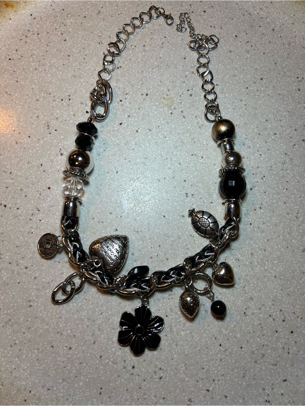 Silver-Tone Black Charm Flower Necklace